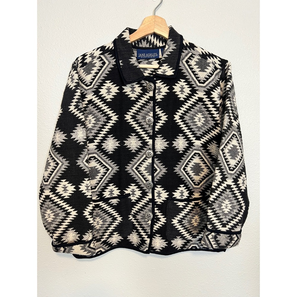 Jane Ashley Womens Black White Southwestern Tapestry Cotton Jacket Size M Button